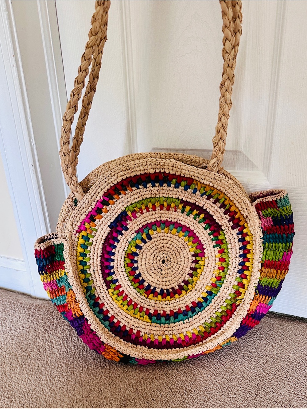 100% Natural Raffia Straw - Round Handwoven Shoulder Bag